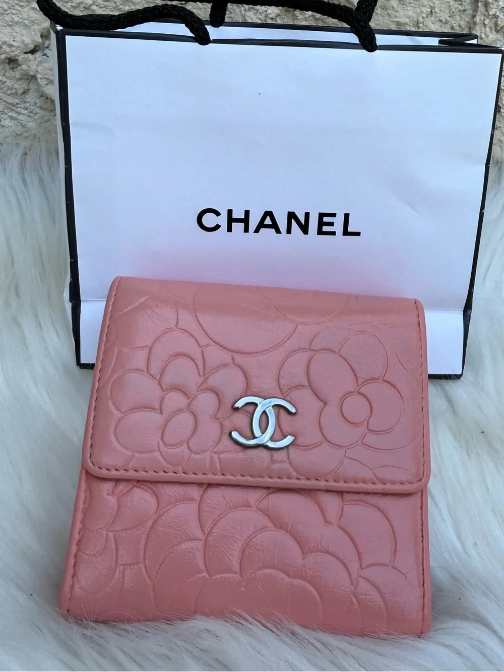 CHANEL Pink Camellia Embossed Mini bi fold Wallet with Silver CC